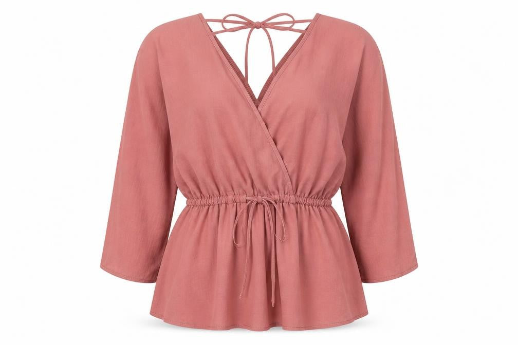 Front view of ASOS Women's Pink Wrap Blouse, size 8, 3/4 Sleeve