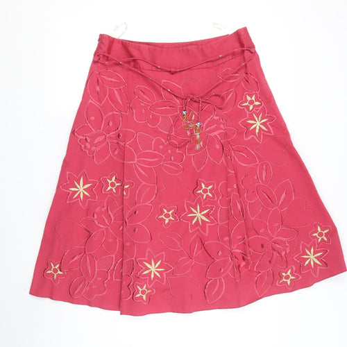 Whistles Women's Pink Embroidered Floral A-Line Skirt, Size 12