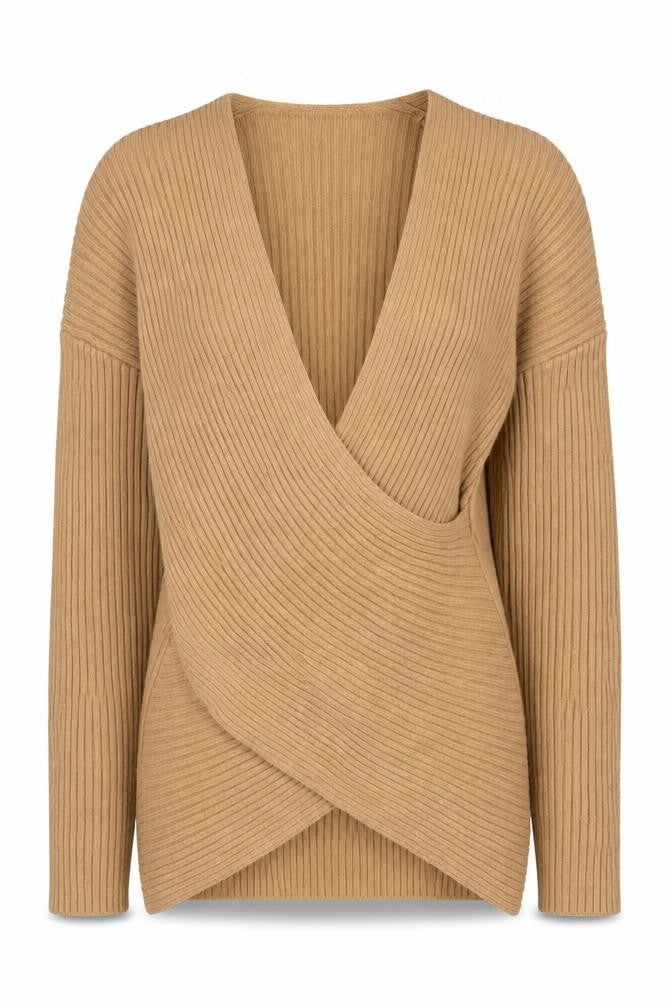 Front view of Topshop Women's Beige Wrap Jumper UK 6