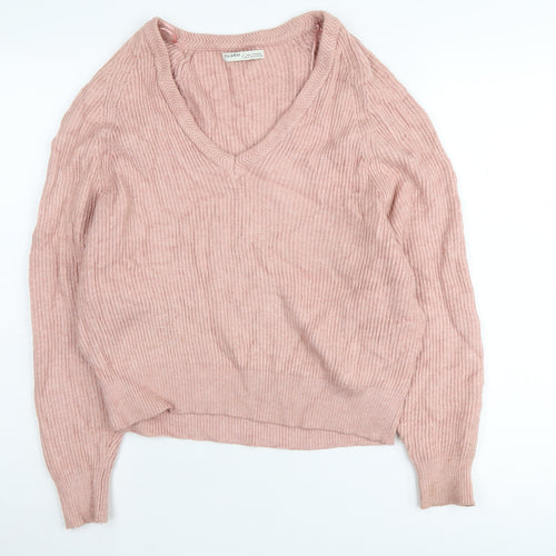 PULL&BEAR Women's Pink V-Neck Pullover S