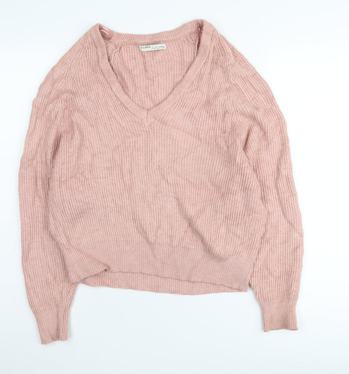 PULL&BEAR Women's Pink V-Neck Pullover S