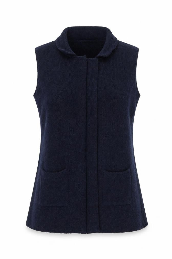 Front view of Yüda Women's Blue Knit Vest Collared Sleeveless Jumper, size L