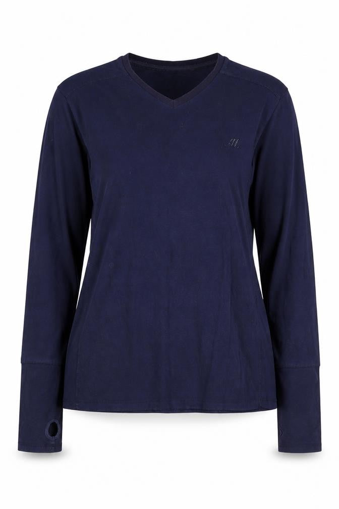 Front view of Mitch & Co unisex blue v-neck long sleeve t-shirt
