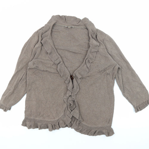 CC Women's Brown Ruffle Cardigan, Size L, Casual Autumn Knit