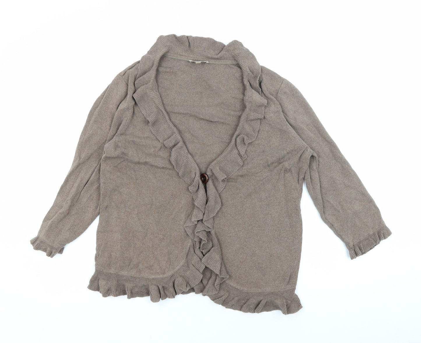 CC Women's Brown Ruffle Cardigan, Size L, Casual Autumn Knit