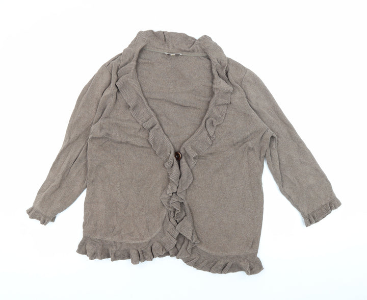 CC Women's Brown Ruffle Cardigan, Size L, Casual Autumn Knit