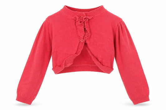 Front view of JoJo Maman Bébé girls’ red cotton shrug, 36 months, knit jumper