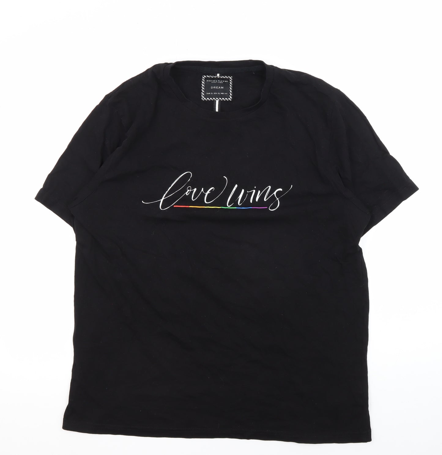 Denim & Flower Black T-Shirt, Unisex, Size 16, Love Wins