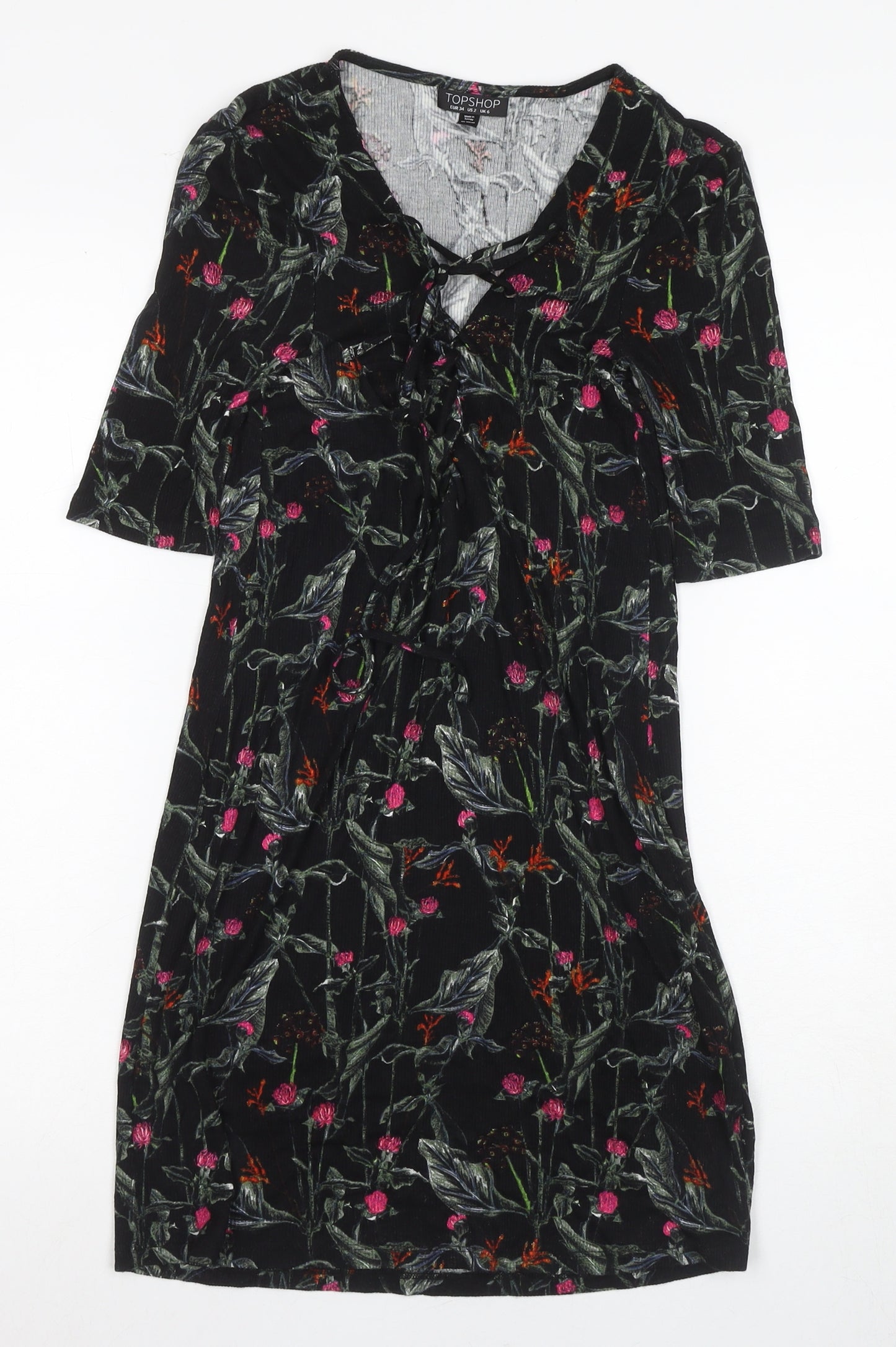 Topshop Women's Floral Black Dress - Size 6, Half Sleeves