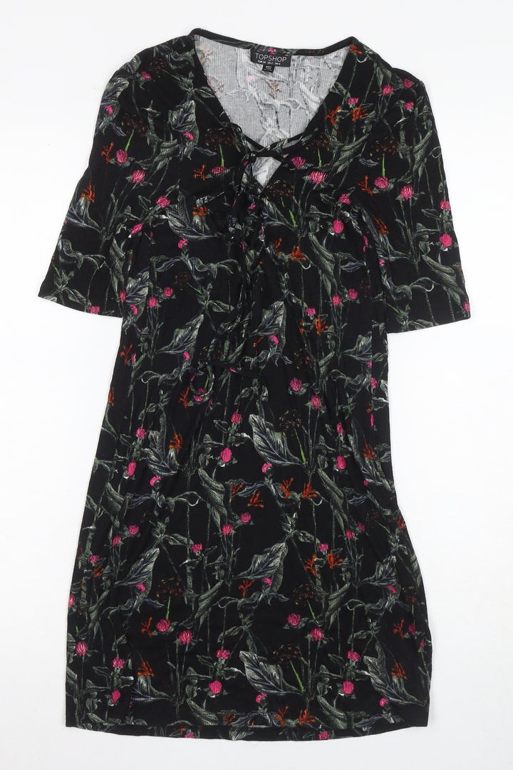 Topshop Women's Floral Black Dress - Size 6, Half Sleeves