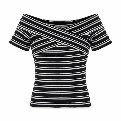 Oasis Women’s Black Striped Off Shoulder T-Shirt