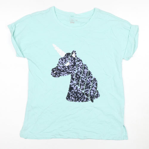 Clothing & Co Teens Blue T-Shirt, Sequin, Size 14, Unicorn