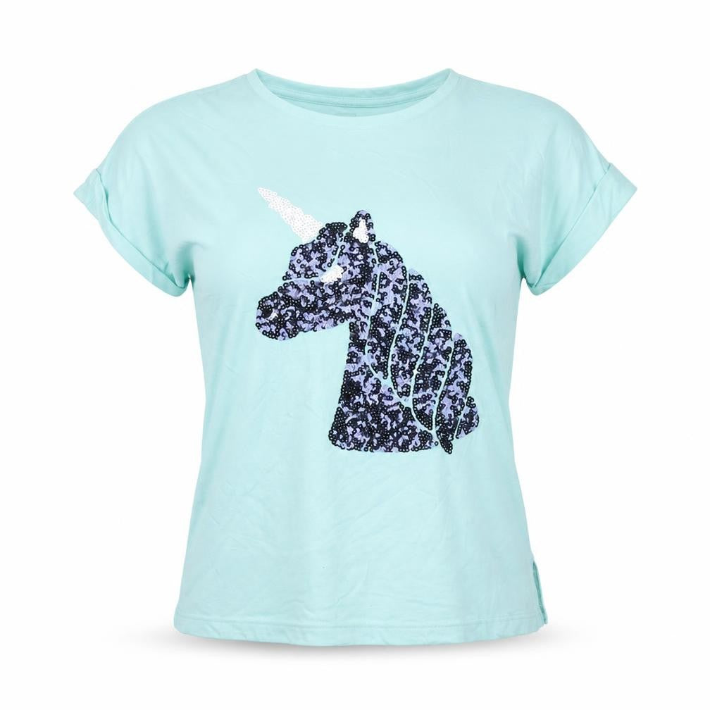 Front view of Clothing & Co Teens Blue T-Shirt, Sequin, size 14, Unicorn