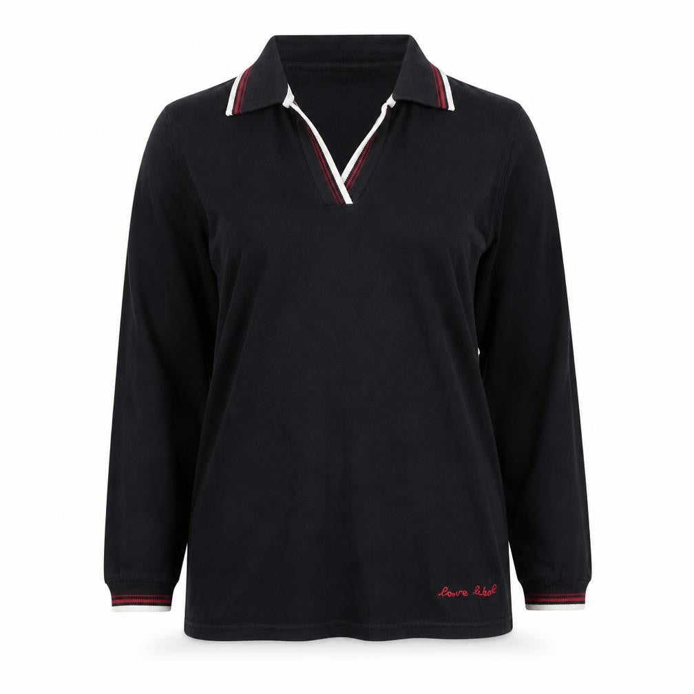 Front view of Love Label Women's Black Polo Top, size 6, Excellent Condition