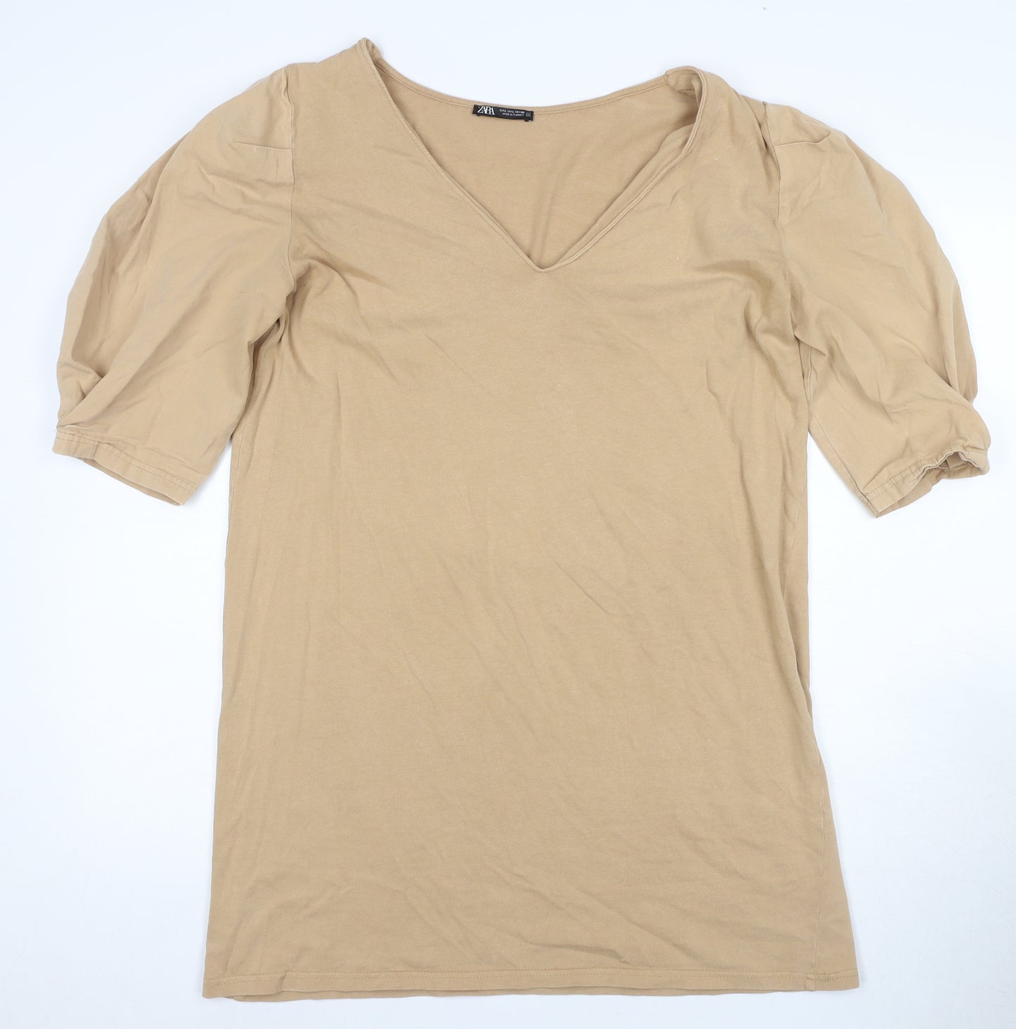 Zara Women's Beige V-Neck Puff Sleeve Dress XS
