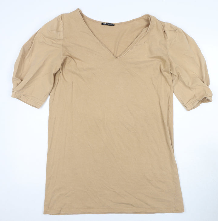 Zara Women's Beige V-Neck Puff Sleeve Dress XS