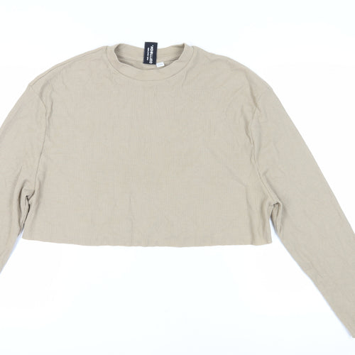 Collusion Women's Beige Cropped Long Sleeve T-Shirt