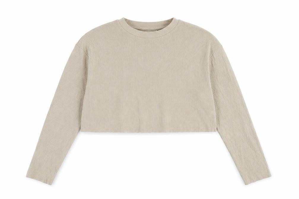 Front view of Collusion Women's Beige Cropped Long Sleeve T-Shirt