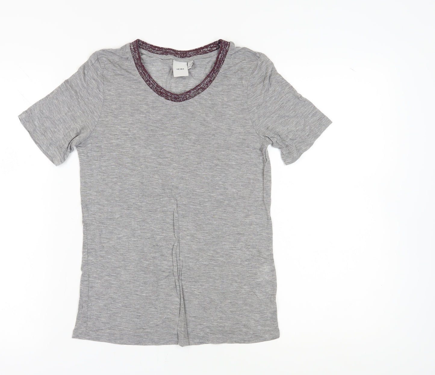 ICHI Women's Grey Basic T-Shirt, Size S, Crew Neck