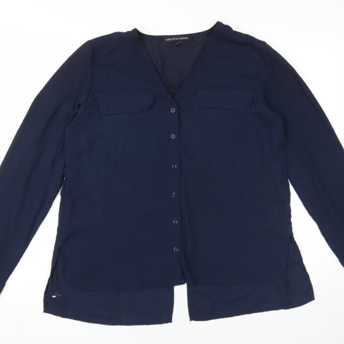 Saks Fifth Avenue Women's Blue V-Neck Button-Up Shirt M