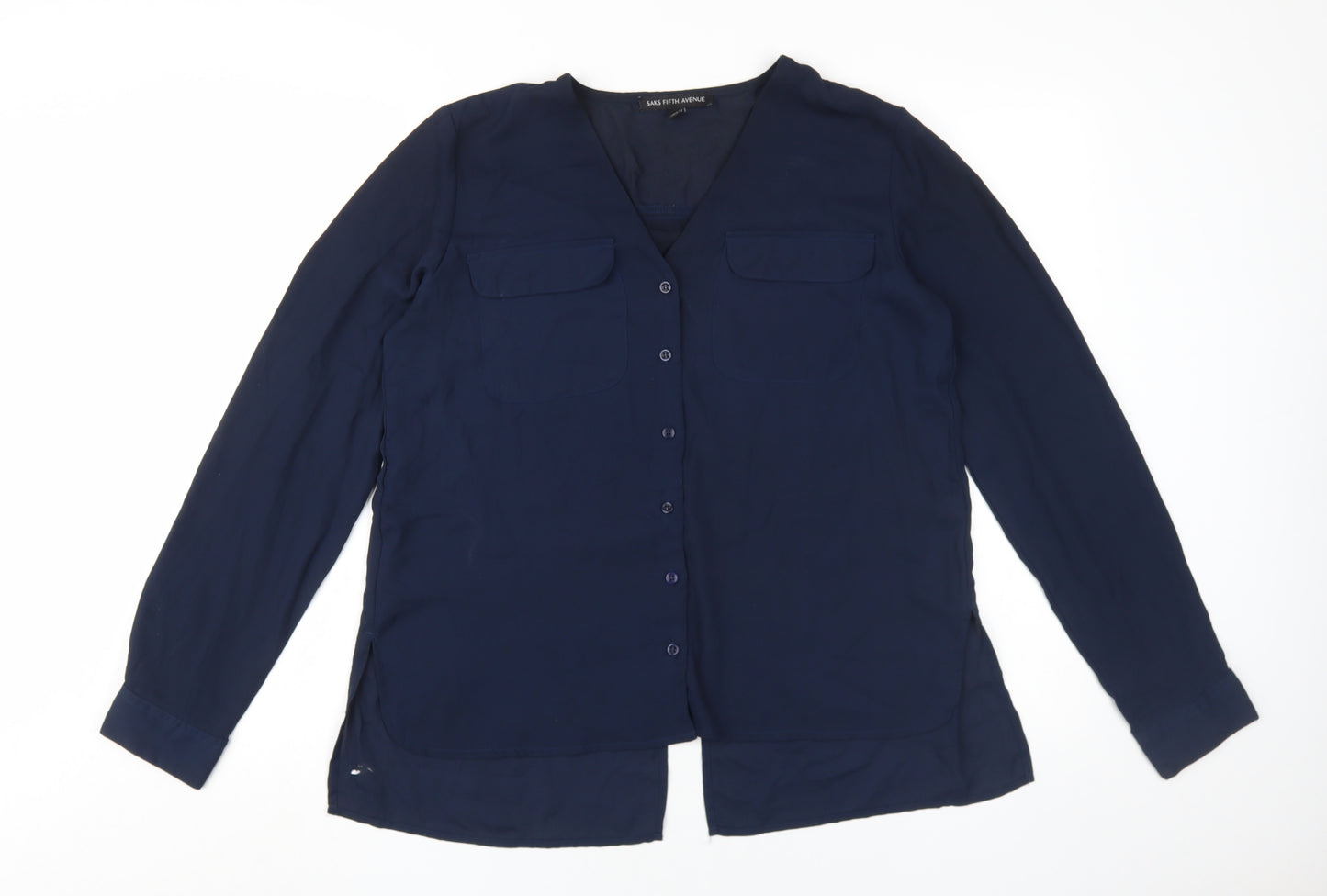 Saks Fifth Avenue Women's Blue V-Neck Button-Up Shirt M