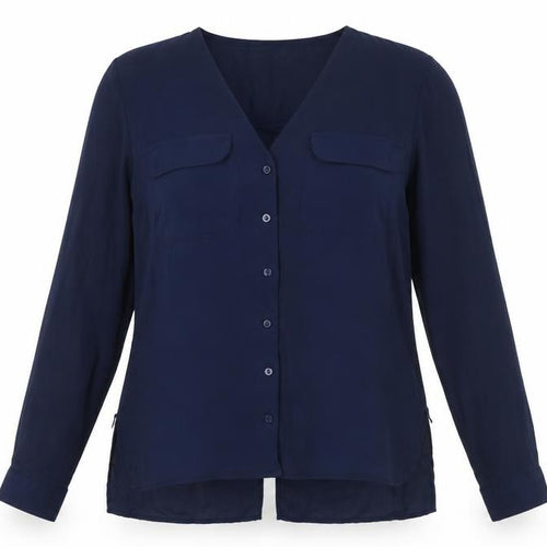 Saks Fifth Avenue Women's Blue V-Neck Button-Up Shirt M