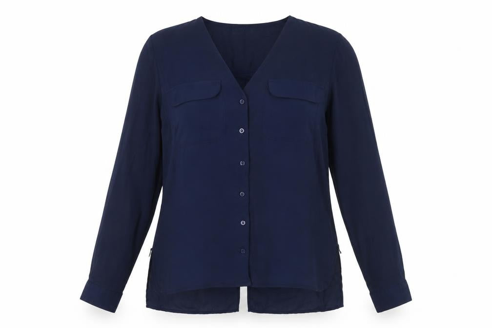Saks Fifth Avenue Women's Blue V-Neck Button-Up Shirt M