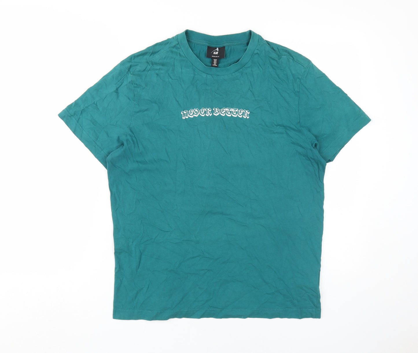 H&M Men's Green Graphic Print T-Shirt, M, Regular Fit