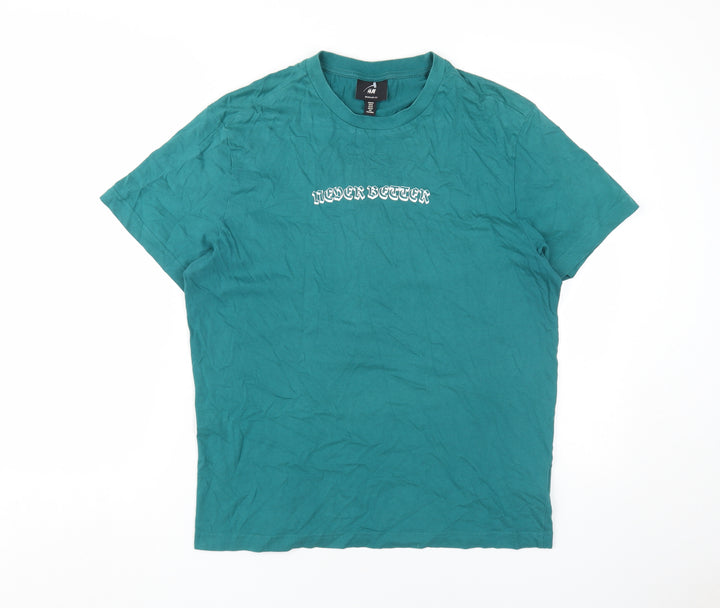H&M Men's Green Graphic Print T-Shirt, M, Regular Fit