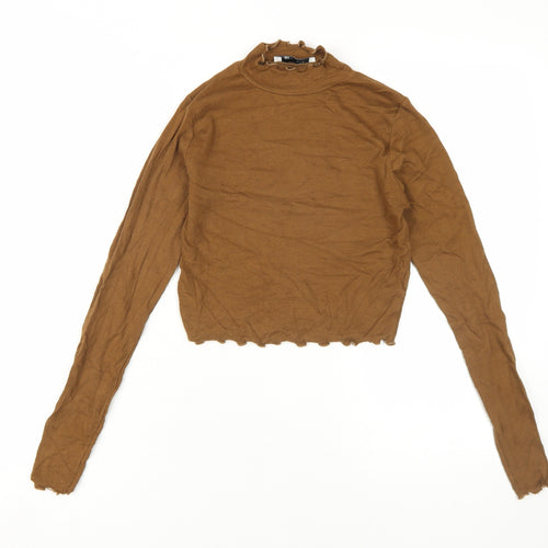 Pull & Bear Women's Brown Mock Neck Slim Blouse