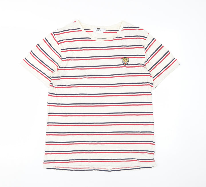 Topman Men's Striped Beige T-Shirt Medium Cotton