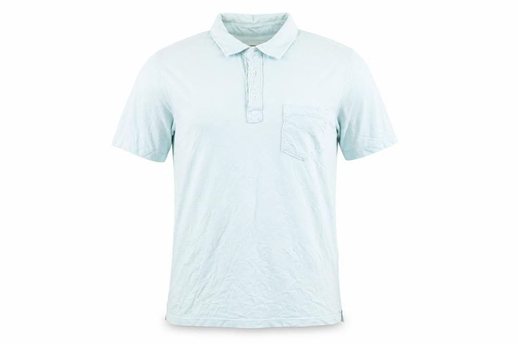 Front view of Jasper Conran Men's Blue Cotton Polo, size S, Short Sleeve