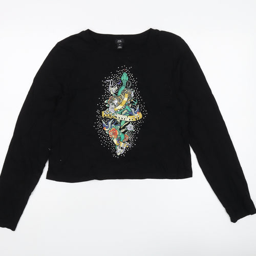 River Island Women's Black Cropped Tattoo T-Shirt