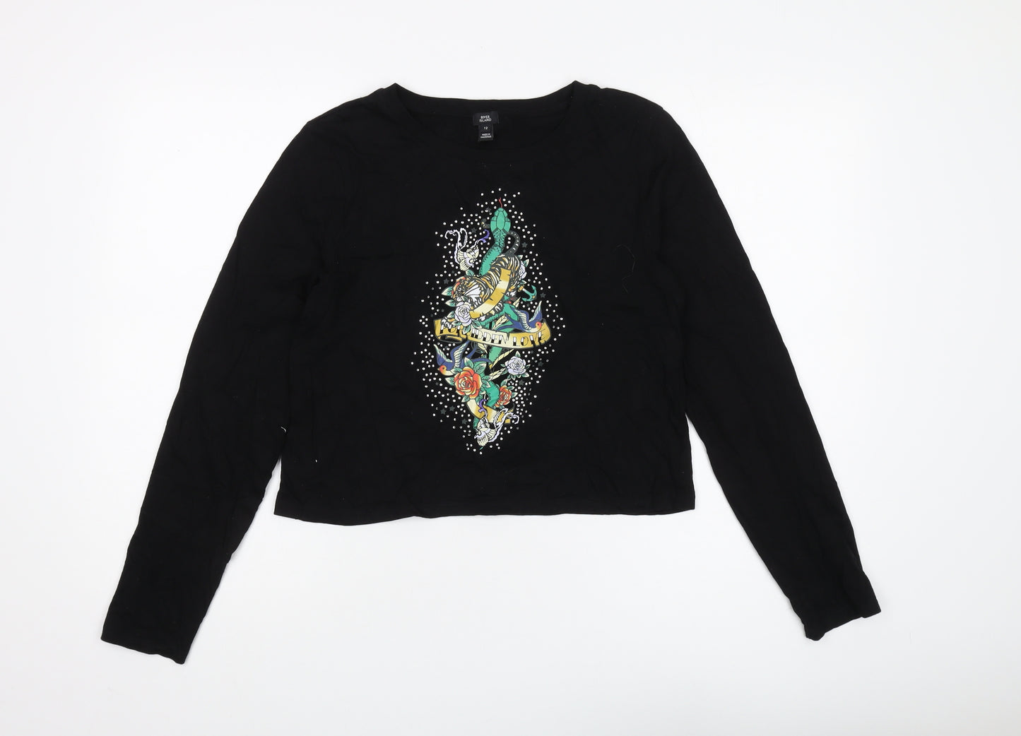 River Island Women's Black Cropped Tattoo T-Shirt