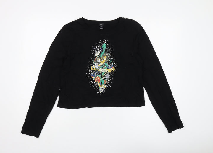 River Island Women's Black Cropped Tattoo T-Shirt