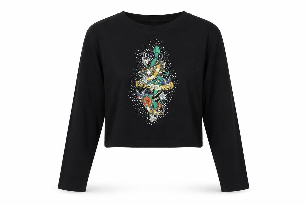 Front view of River Island Women's Black Cropped Tattoo T-Shirt