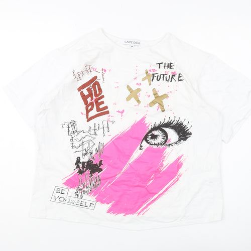 Carpe Diem Women's White Graphic T-Shirt, M, Casual Art Style