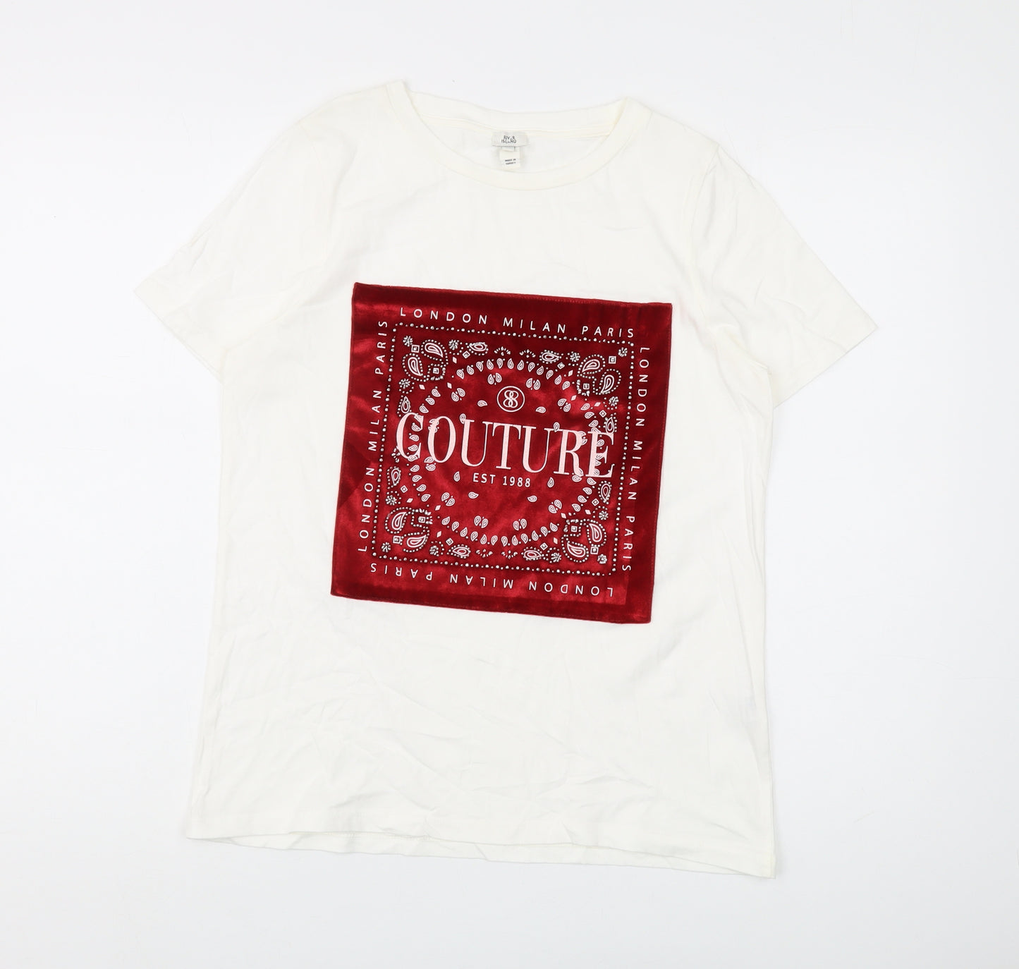 River Island Women's White T-Shirt Sz S Couture Design