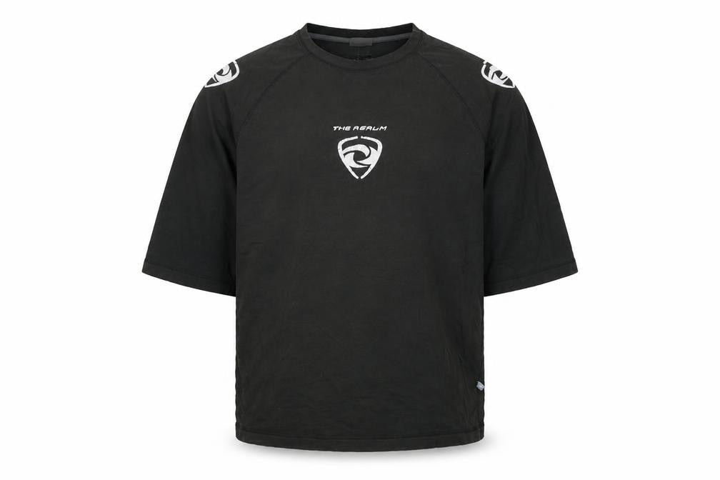 Front view of The Realm Men's Black L Cotton T-Shirt