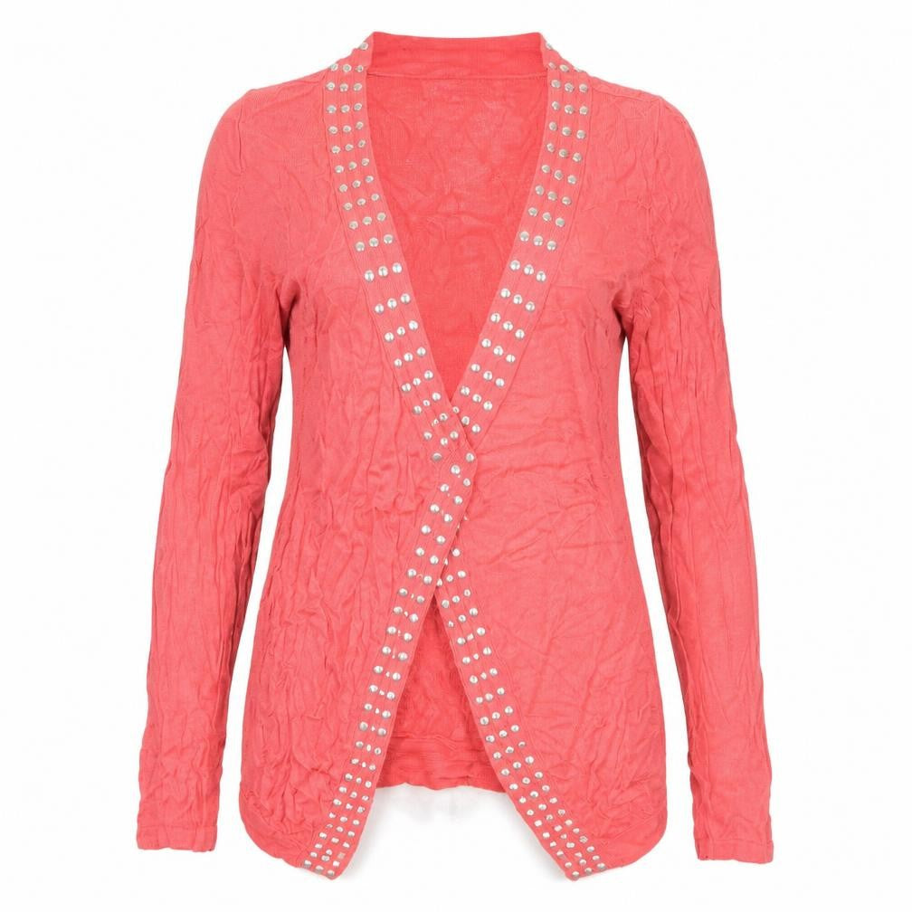 Front view of Sara Women's Pink Studded Cardigan Medium V-Neck
