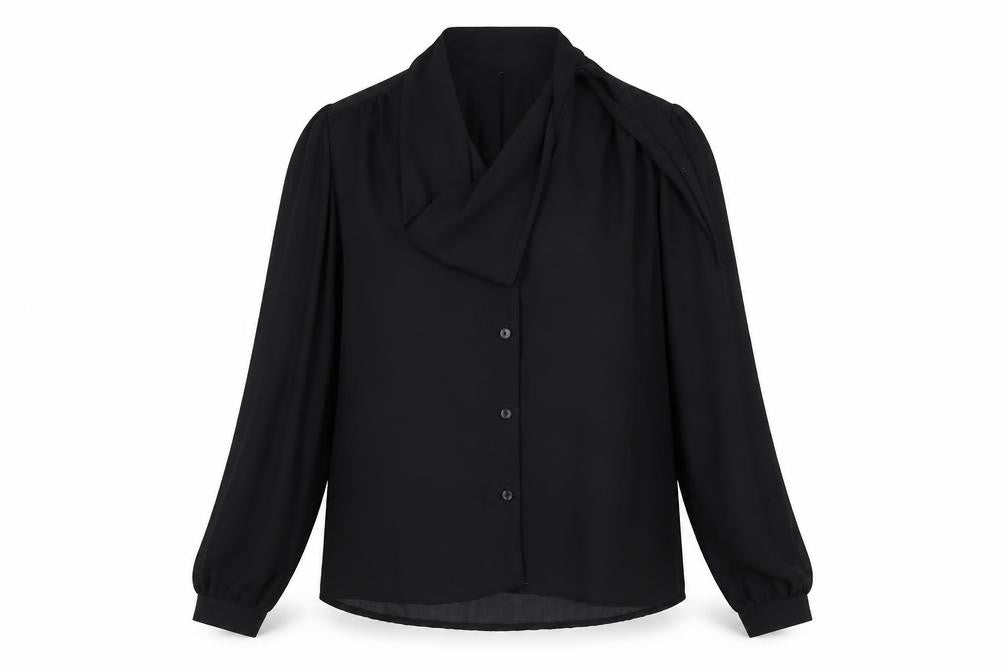 Front view of Jatima Women's Black Blouse, size 12, Long Sleeve Vintage