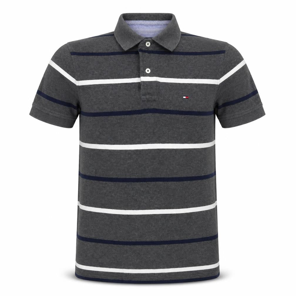 Front view of Tommy Hilfiger Men's Grey Striped Slim Fit Polo S