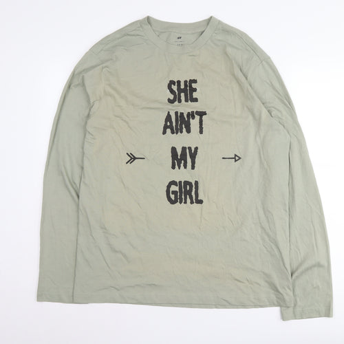 H&M Men's Beige Graphic Long Sleeve T-Shirt, Medium