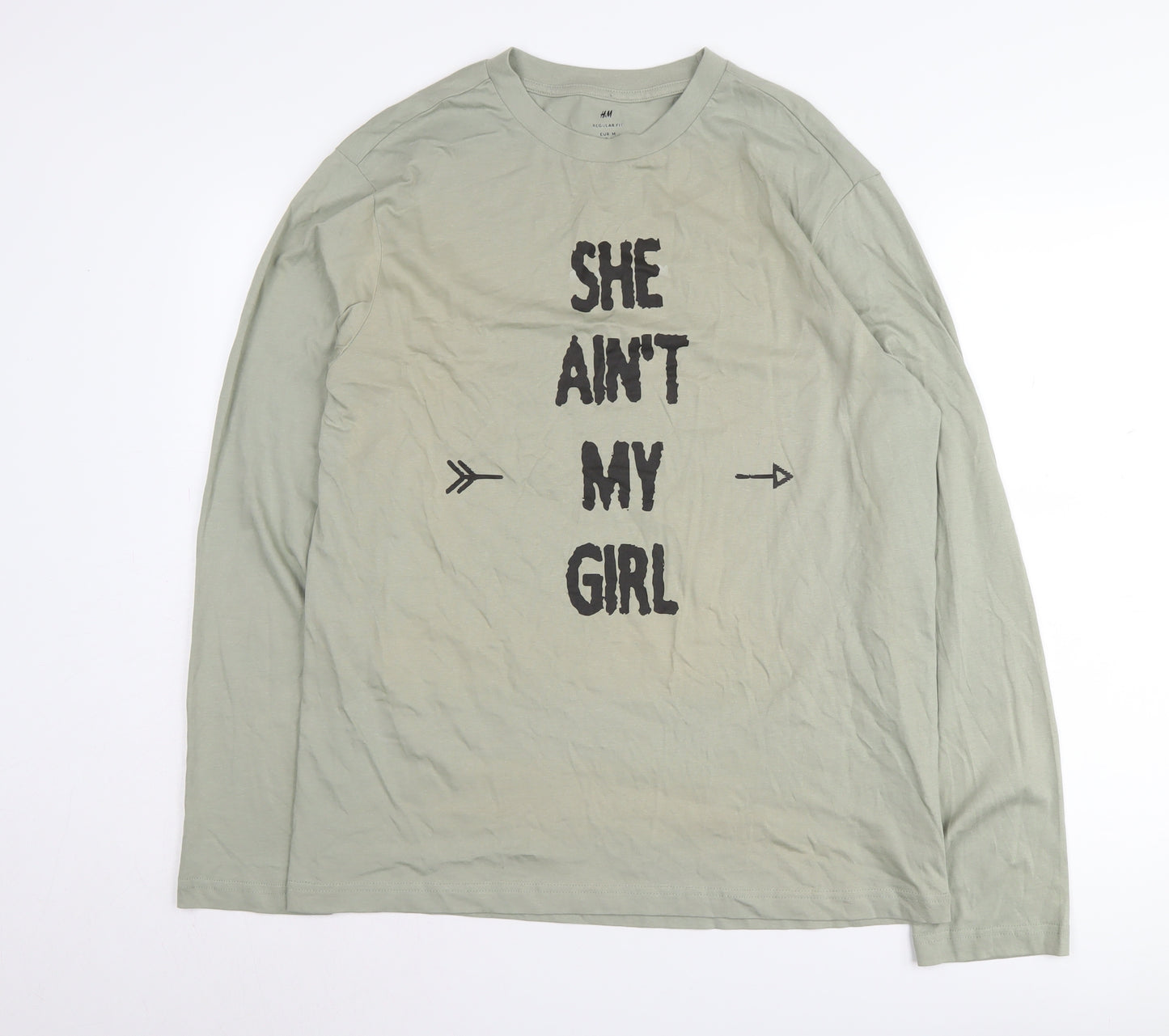 H&M Men's Beige Graphic Long Sleeve T-Shirt, Medium