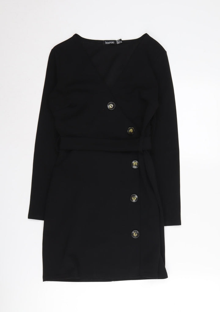 boohoo Women's Black Wrap Dress, Size 6, Long Sleeve
