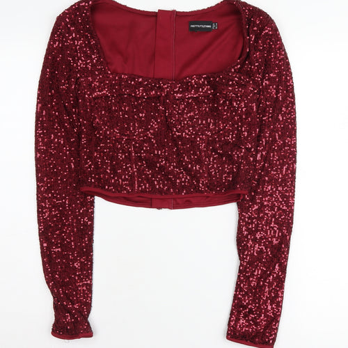 PrettyLittleThing Women's Red Sequin Cropped Blouse