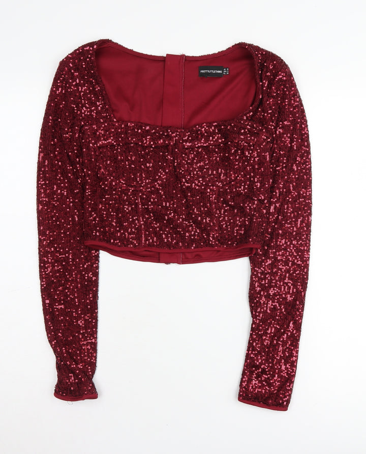 PrettyLittleThing Women's Red Sequin Cropped Blouse