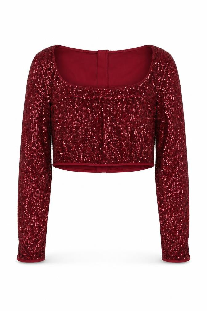 PRETTYLITTLETHING Women's Red Sequin Cropped Blouse