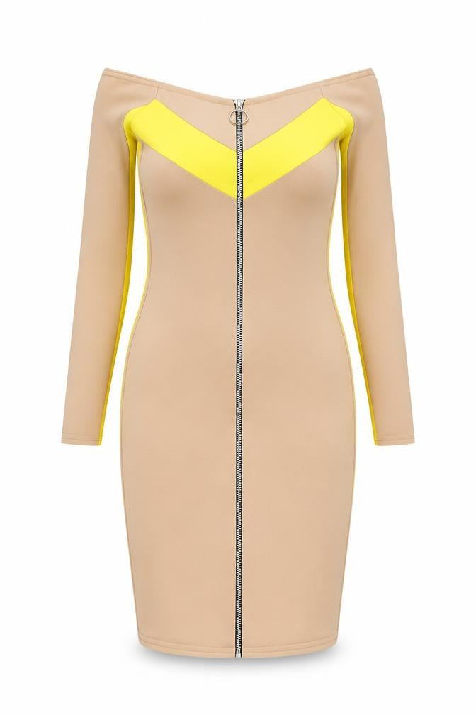 Front view of Boohoo Petite Beige Bodycon Dress, size 8
