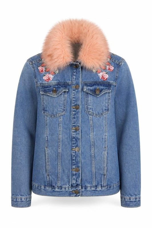 Front view of New Look Women’s Blue Embroidered Denim Jacket, size UK 8